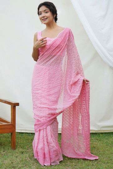 Delicate Pink Color Sequins Work Festive Wear Georgette Saree
