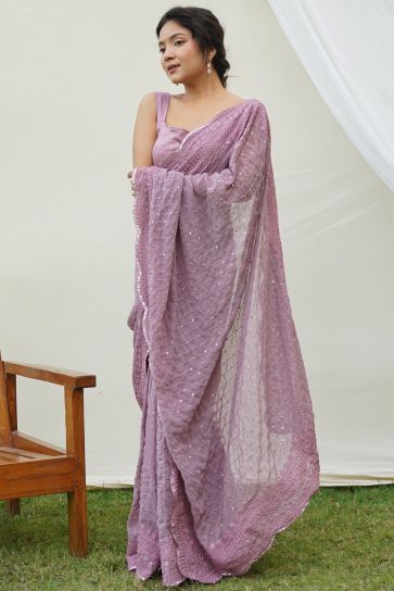 Lavender Color Sequins Work Brilliant Festive Wear Georgette Saree