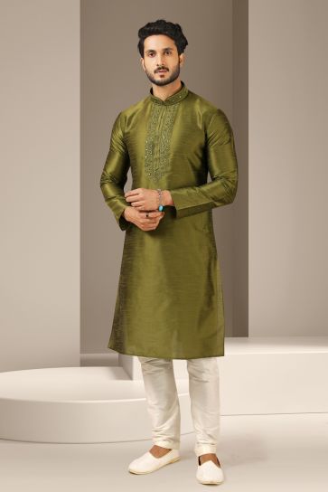 Appealing Green Color Banarasi Art Silk Function Wear Readymade Kurta Pyjama For Men