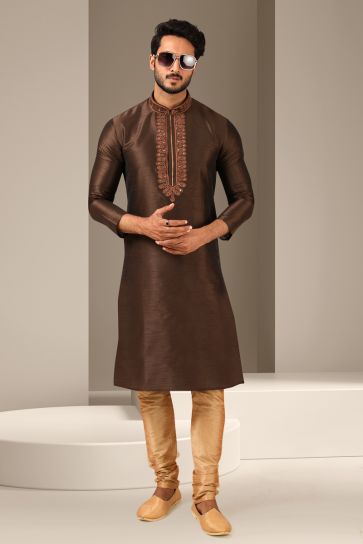 Engaging Brown Color Banarasi Art Silk Festive Wear Readymade Kurta Pyjama For Men
