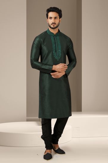 Captivating Teal Color Banarasi Art Silk Sangeet Wear Readymade Kurta Pyjama For Men
