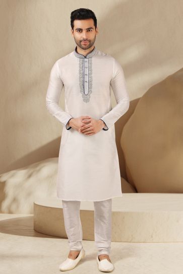 Fetching Off White Color Banarasi Art Silk Wedding Wear Readymade Kurta Pyjama For Men