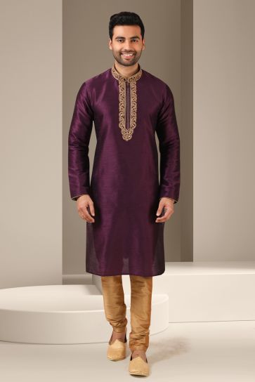 Striking Purple Color Banarasi Art Silk Function Wear Readymade Kurta Pyjama For Men