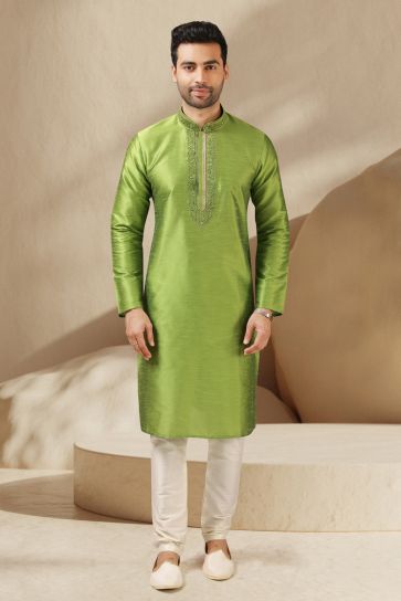 Lovely Green Color Banarasi Art Silk Sangeet Wear Readymade Kurta Pyjama For Men