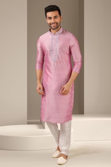 Attractive Pink Color Banarasi Art Silk Function Wear Readymade Kurta Pyjama For Men