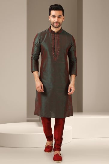 Enriching Maroon Color Banarasi Art Silk Festive Wear Readymade Kurta Pyjama For Men