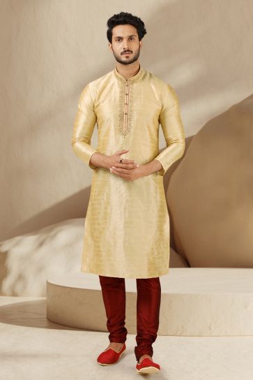 Splendiferous Beige Color Banarasi Art Silk Sangeet Wear Readymade Kurta Pyjama For Men