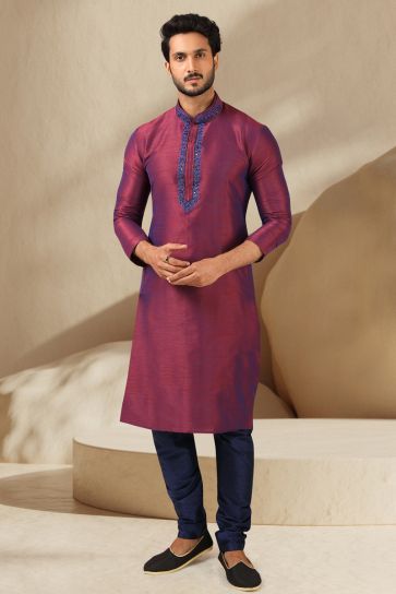 Majestic Magenta Color Banarasi Art Silk Wedding Wear Readymade Kurta Pyjama For Men