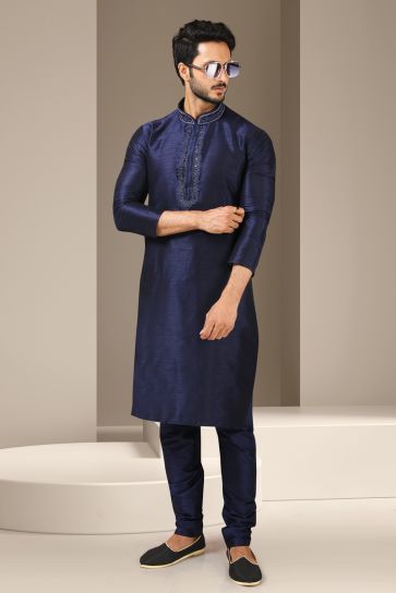Fascinate Navy Blue Color Banarasi Art Silk Reception Wear Readymade Kurta Pyjama For Men