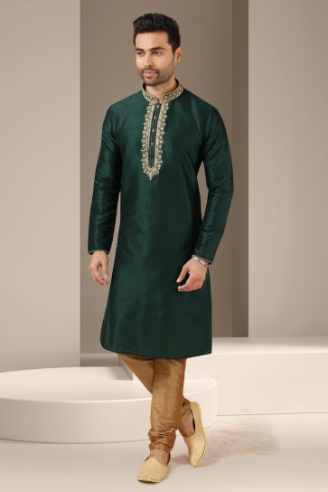 Glamorous Teal Color Banarasi Art Silk Function Wear Readymade Kurta Pyjama For Men