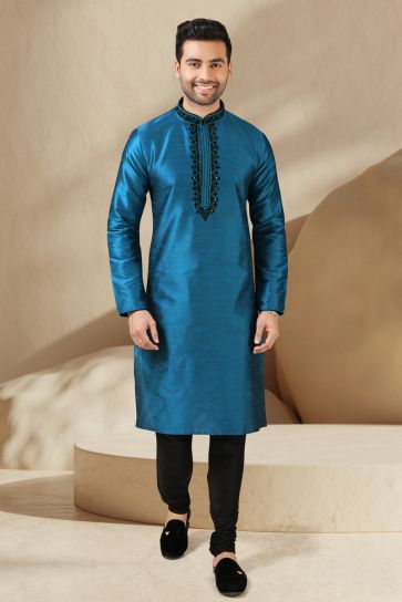 Alluring Cyan Color Banarasi Art Silk Festive Wear Readymade Kurta Pyjama For Men