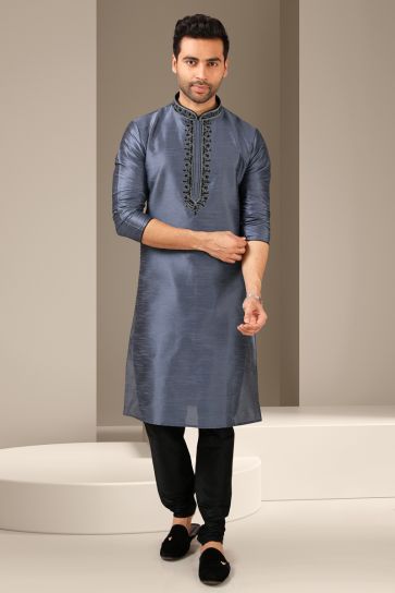 Graceful Grey Color Banarasi Art Silk Sangeet Wear Readymade Kurta Pyjama For Men