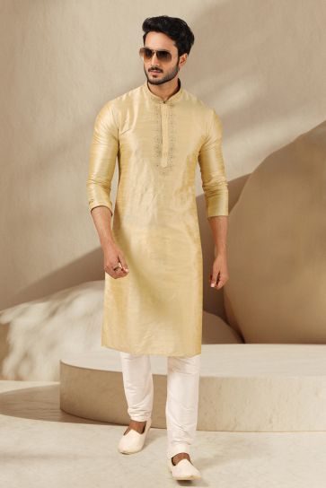 Beige Color Banarasi Art Silk Festive Wear Stylish Readymade Kurta Pyjama For Men