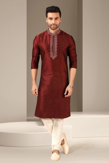 Maroon Color Banarasi Art Silk Sangeet Wear Trendy Readymade Kurta Pyjama For Men