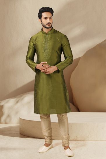 Engaging Green Color Banarasi Art Silk Function Wear Readymade Kurta Pyjama For Men
