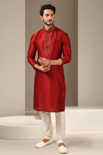 Captivating Red Color Banarasi Art Silk Festive Wear Readymade Kurta Pyjama For Men