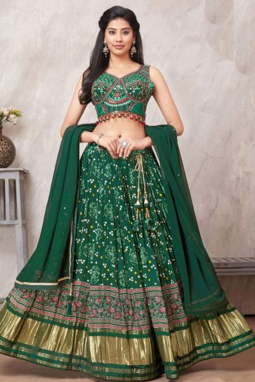 Embroidered Designs On Georgette Fabric Wedding Wear Vintage Readymade Lehenga In Green Color