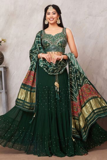 Embroidered Work Dark Green Color Silk Fabric Spectacular Wedding Wear Readymade Lehenga