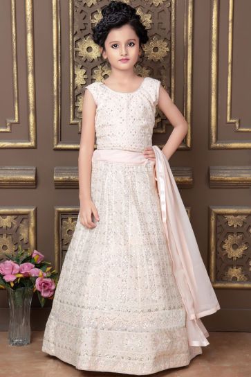 Glittering Sequins Work Sangeet Wear Pink Color Readymade Kids Lehenga In Georgette Fabric
