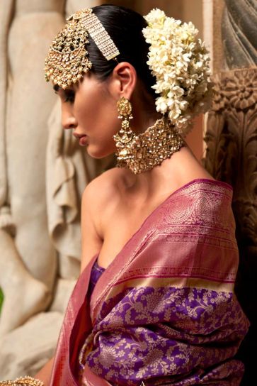 Attractive Weaving Work Purple Color Art Silk Fabric Reception Wear Saree With Contrast Blouse