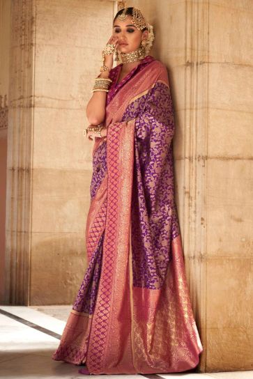 Attractive Weaving Work Purple Color Art Silk Fabric Reception Wear Saree With Contrast Blouse