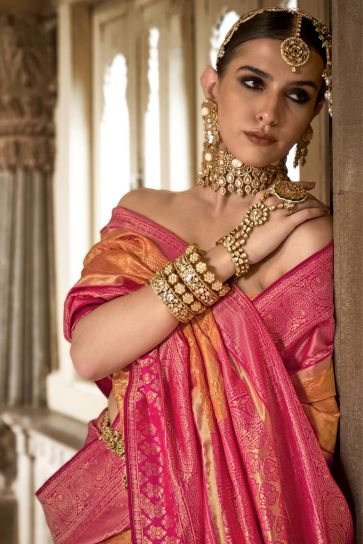 Traditional Look Orange Color Art Silk Fabric Weaving Work Saree With Contrast Blouse