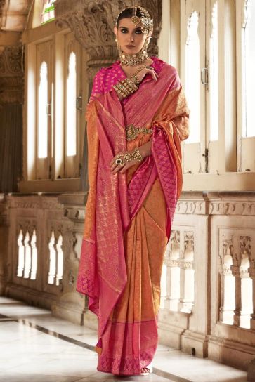 Traditional Look Orange Color Art Silk Fabric Weaving Work Saree With Contrast Blouse