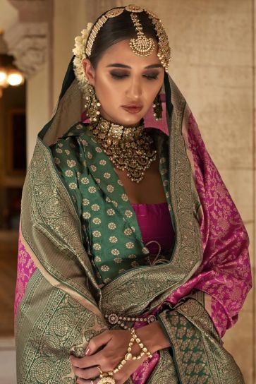 Weaving Work Rani Color Fabulous Art Silk Fabric Party Wear Stylish Saree With Contrast Blouse