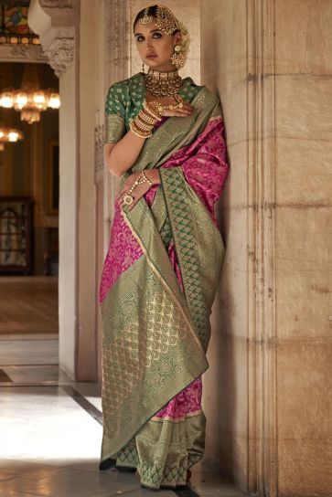 Weaving Work Rani Color Fabulous Art Silk Fabric Party Wear Stylish Saree With Contrast Blouse