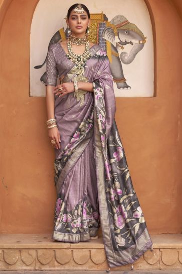 Lavender Color Printed Art Silk Fabric Charming Look Saree With Same Color Blouse