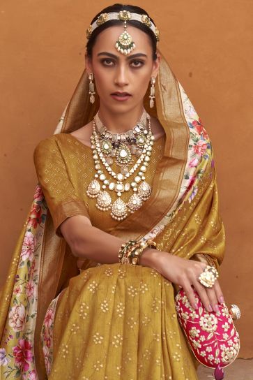 Lavishing Mustard Color Art Silk Fabric Printed Saree With Same Color Blouse