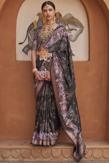 Dazzling Black Color Art Silk Fabric Printed Function Wear Saree With Same Color Blouse