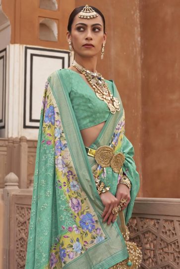 Art Silk Fabric Printed Rich Sea Green Color Festive Wear Saree With Same Color Blouse