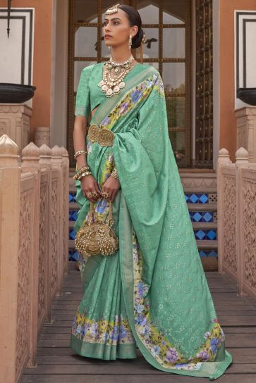Art Silk Fabric Printed Rich Sea Green Color Festive Wear Saree With Same Color Blouse
