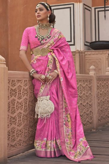 Astonishing Pink Color Art Silk Fabric Printed Saree With Same Color Blouse