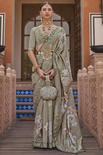 Art Silk Fabric Printed Glamorous Dark Beige Color Saree With Same Color Blouse