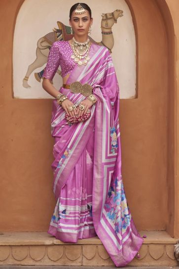 Attractive Printed Pink Color Art Silk Fabric Saree With Same Color Blouse