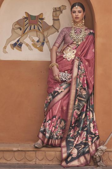 Eye Captivating Peach Color Art Silk Fabric Printed Saree With Same Color Blouse