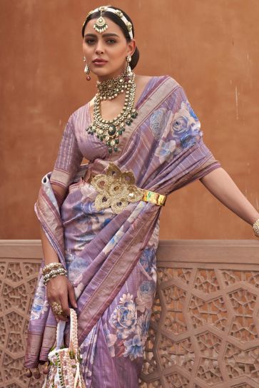 Art Silk Fabric Pleasant Lavender Color Printed Saree With Same Color Blouse