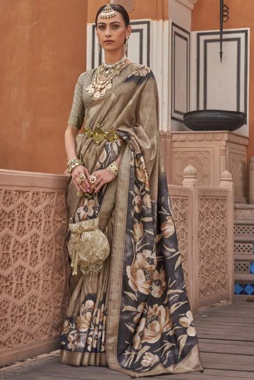 Smashing Brown Color Printed Art Silk Fabric Saree With Same Color Blouse