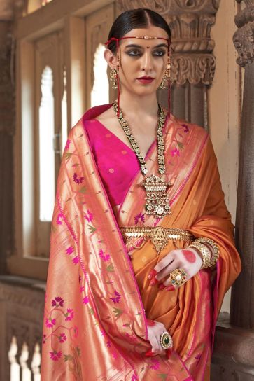 Attractive Weaving Work Orange Color Art Silk Fabric Nauvari Style Saree With Contrast Blouse