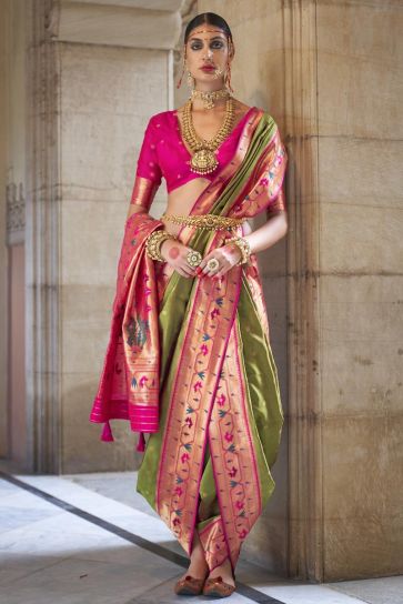 Traditional Look Green Color Art Silk Fabric Weaving Work Kasta Style Saree With Contrast Blouse