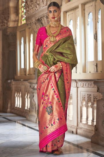 Traditional Look Green Color Art Silk Fabric Weaving Work Kasta Style Saree With Contrast Blouse