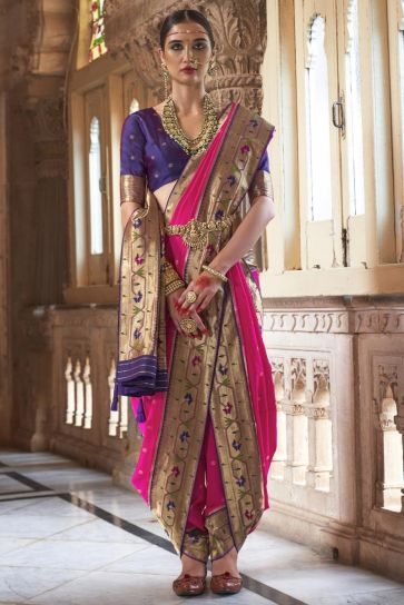 Dazzling Rani Color Art Silk Fabric Weaving Work Kasta Style Saree With Contrast Blouse