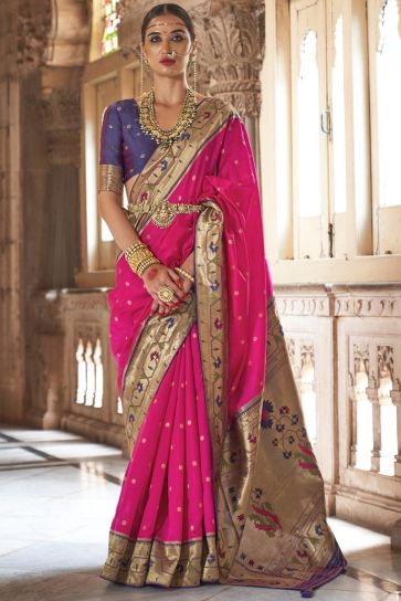 Dazzling Rani Color Art Silk Fabric Weaving Work Kasta Style Saree With Contrast Blouse