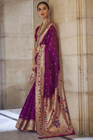 Art Silk Fabric Weaving Work Rich Purple Color Nauvari Style Saree With Contrast Blouse