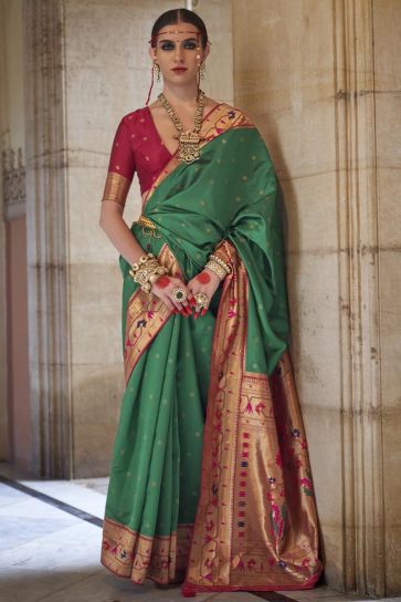 Weaving Work Dark Green Color Fabulous Art Silk Fabric Kasta Style Saree With Contrast Blouse