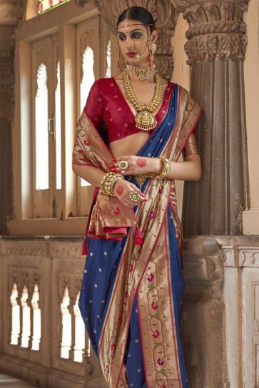 Navy Blue Color Art Silk Fabric Weaving Work Designer Nauvari Style Saree With Contrast Blouse