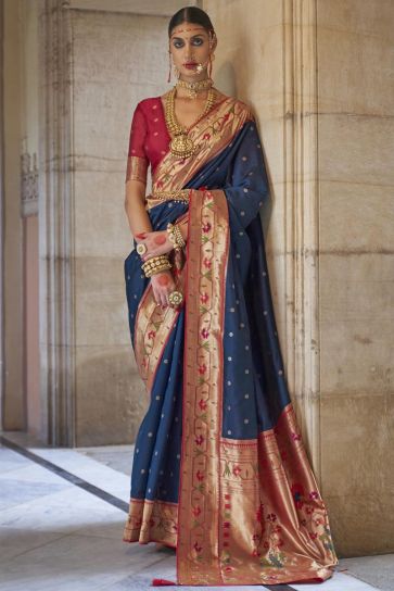 Navy Blue Color Art Silk Fabric Weaving Work Designer Nauvari Style Saree With Contrast Blouse