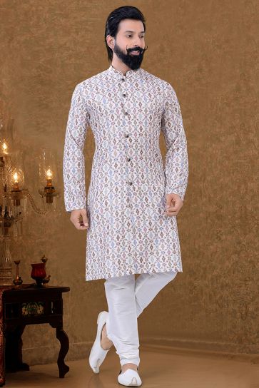Cotton Fabric Traditional Look Luxurious Kurta Pyjama In White Color